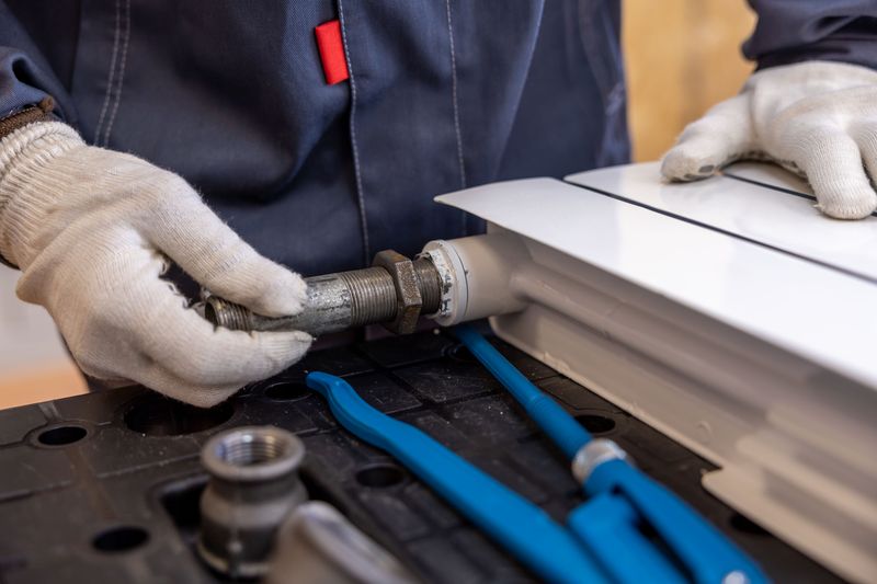 Heating technician connecting the supply pipe to a hot water radiator