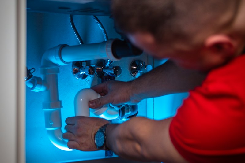 Plumber tightening a pipe fitting in the cabinet under a sink